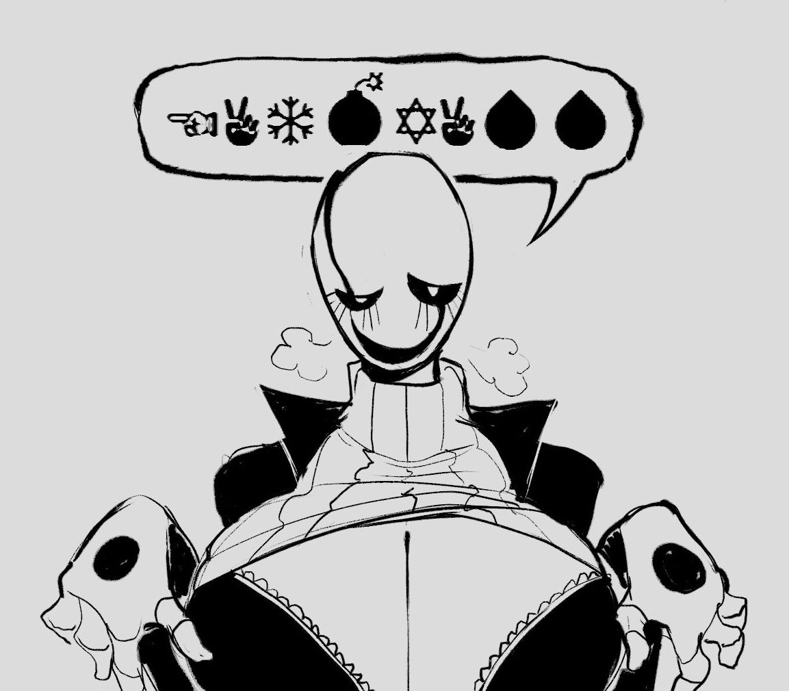 00ketsui, big breasts, black bra, fem gaster, female only, gaster, rule 63, sketch, solo, solo female, sweater, tagme, text, text bubble, turtleneck, turtleneck sweater, undertale, undertale (series), wingdings, wingdings text