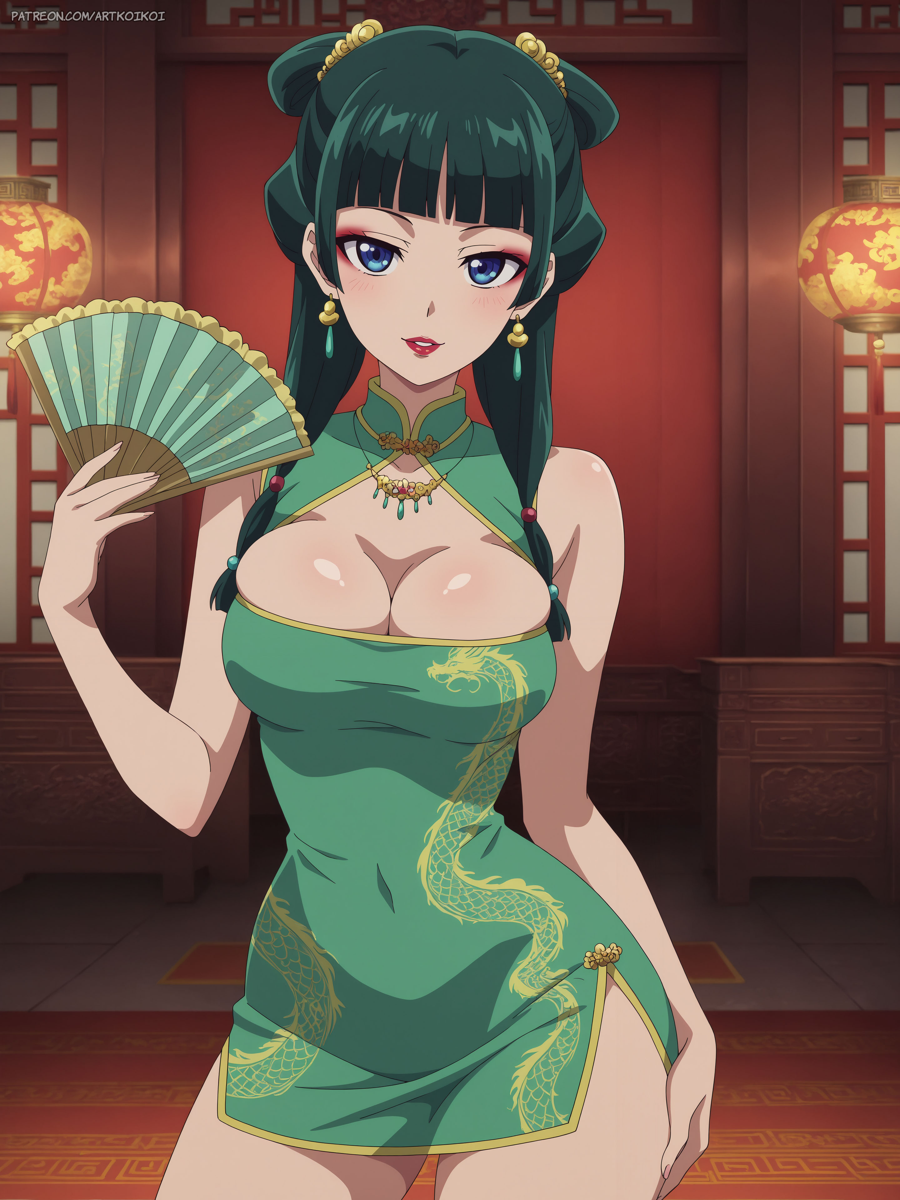 1girl, ai generated, artkoikoi, blue eyes, chinese architecture, chinese dress, chinese lantern, cleavage, cleavage cutout, cleavage dress, clothed, clothed female, curvy female, earrings, eyeshadow, female, female only, gold necklace, green dress, green hair, hair ornament, hair up, handheld fan, holding fan, kusuriya no hitorigoto, lantern light, lipstick, long green hair, long hair, make-up, maomao (kusuriya no hitorigoto), red lipstick, short dress, voluptuous, voluptuous female