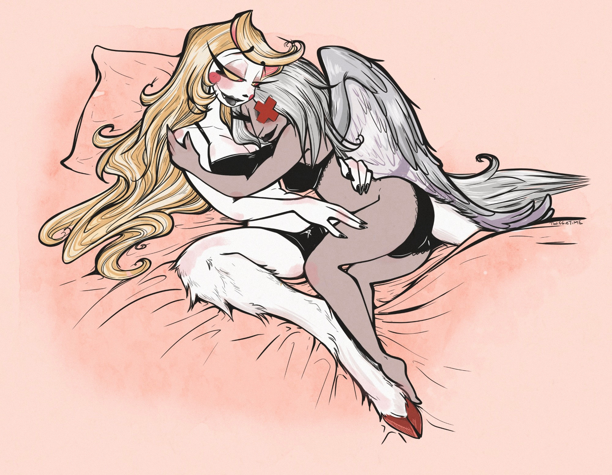 2026, 2d, 2girls, barefoot, bed, bedding, black bra, black lipstick, black nails, black panties, charlie morningstar (hazbin hotel), clothing, color, cuddling, embrace, embracing, embracing another, feet, female, female focus, female only, hair, hazbin hotel, hooved toes, hooves, laying, laying down, laying on bed, pillow, sheets, smiling, smiling at partner, twiggietime, vaggie (hazbin hotel), watermark, wings