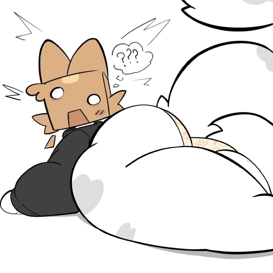 anthro, ass, ass focus, ass view, box head, clothing, female, female only, furry, lying, merricuwu, silly (fer), underwear, undies