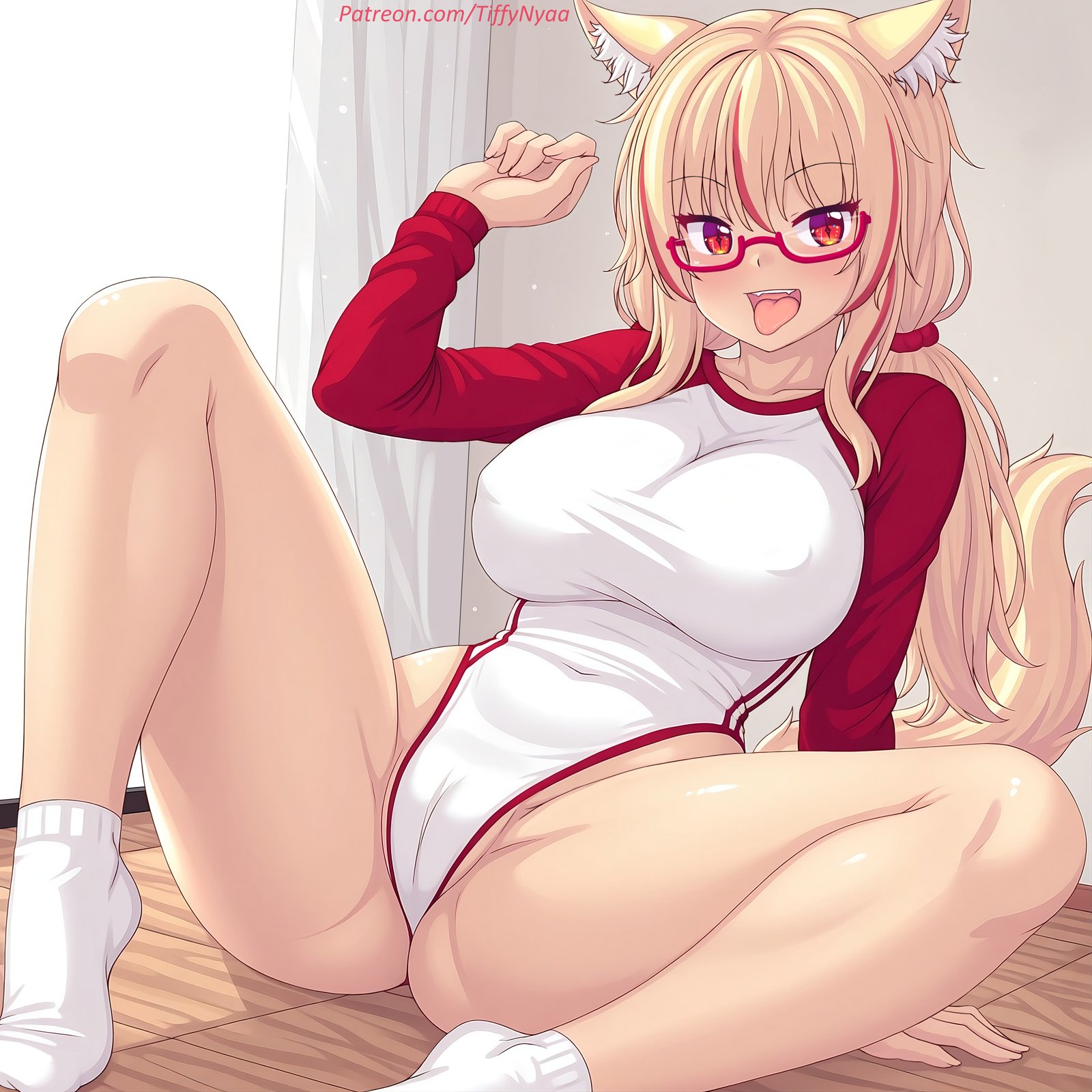 big breasts, blonde hair, breasts, cat ears, catgirl, erection under clothes, fangs, glasses, hair tie, leotard, long sleeves, nottytiffy, pussy outline, red eyes, red highlights, spread legs, tail, thick thighs, thighs, tiffy, tiffynyaa, tongue, twintails