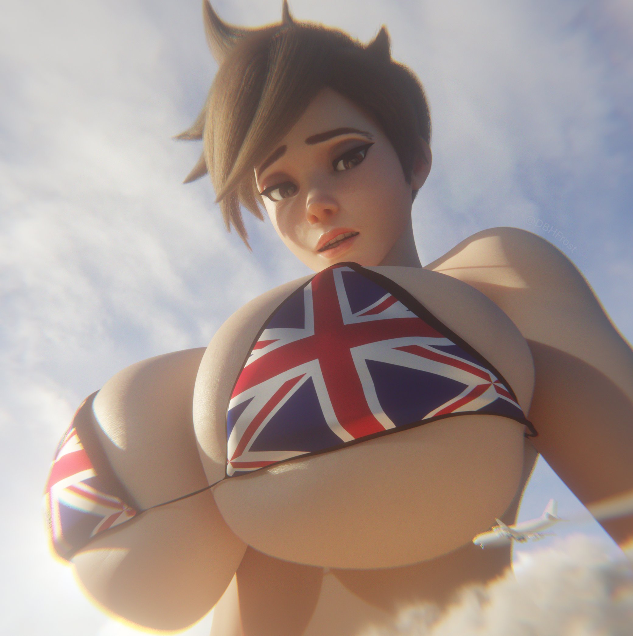 1girls, 3d, 3d (artwork), big breasts, bikini, blizzard entertainment, breasts, british flag, brown hair, brown hair female, brunette hair, dbhfrost, european, european female, female, female focus, female only, flag bikini, giant female, giant woman, giantess, large boobs, large breasts, lena oxton, overwatch, overwatch 2, scrag (modeler), scrag boy (model), scrag tracer, short hair, short hair female, solo, solo female, solo focus, tracer