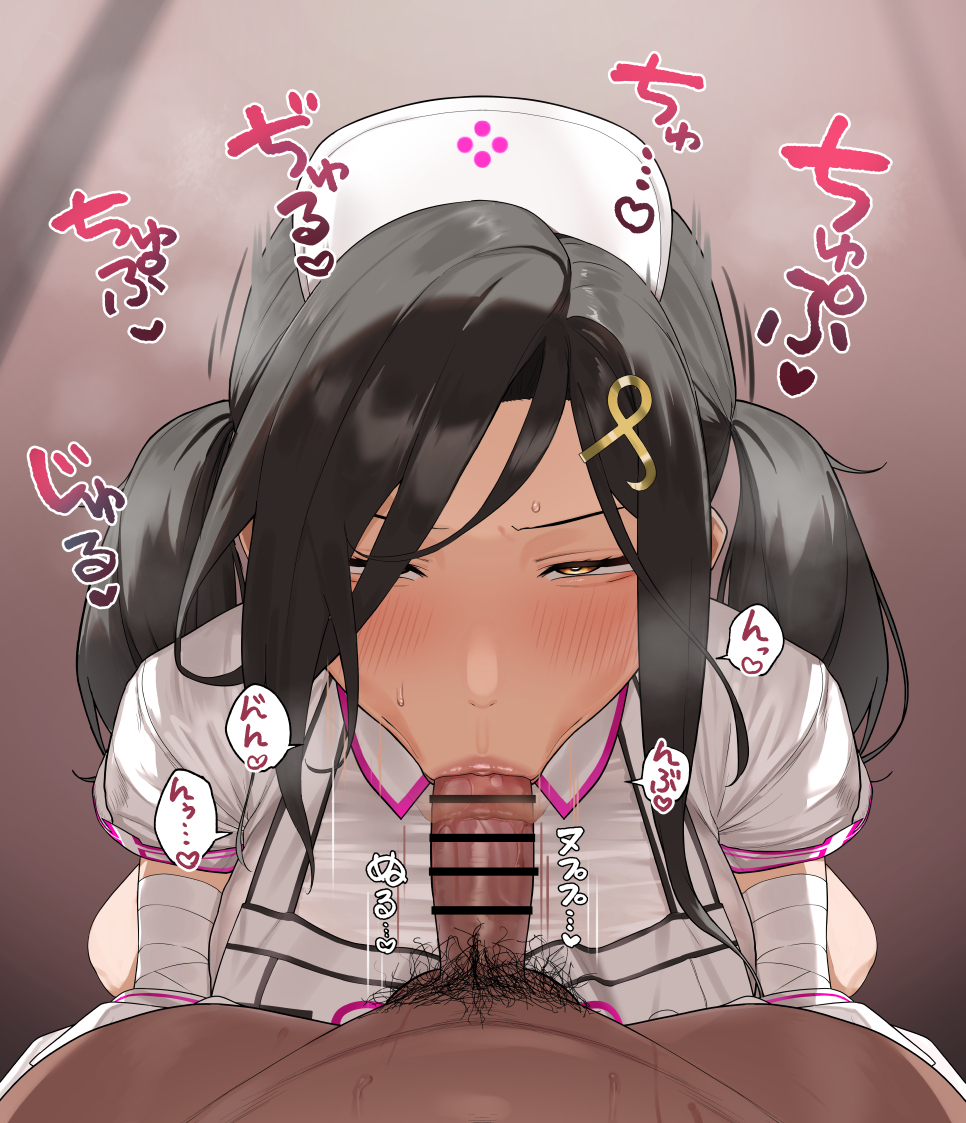 1boy :>= bandaged_arm bandaged_wrist bandages bar_censor black_hair blush breasts censored clothed_female_nude_male cosplay deepthroat erection eyes_visible_through_hair fellatio female gamarenji gloves hair_ornament hair_over_one_eye hat large_breasts long_hair looking_at_viewer male_pubic_hair narrowed_eyes nijisanji nude nurse nurse_cap open_mouth oral orange_eyes penis pov pov_crotch pubic_hair shirayuki_tomoe solo_focus straight sukoya_kana sukoya_kana_(1st_costume) sukoya_kana_(cosplay) sunken_cheeks twintails veins veiny_penis virtual_youtuber white_gloves white_wrist_cuffs wrist_cuffs