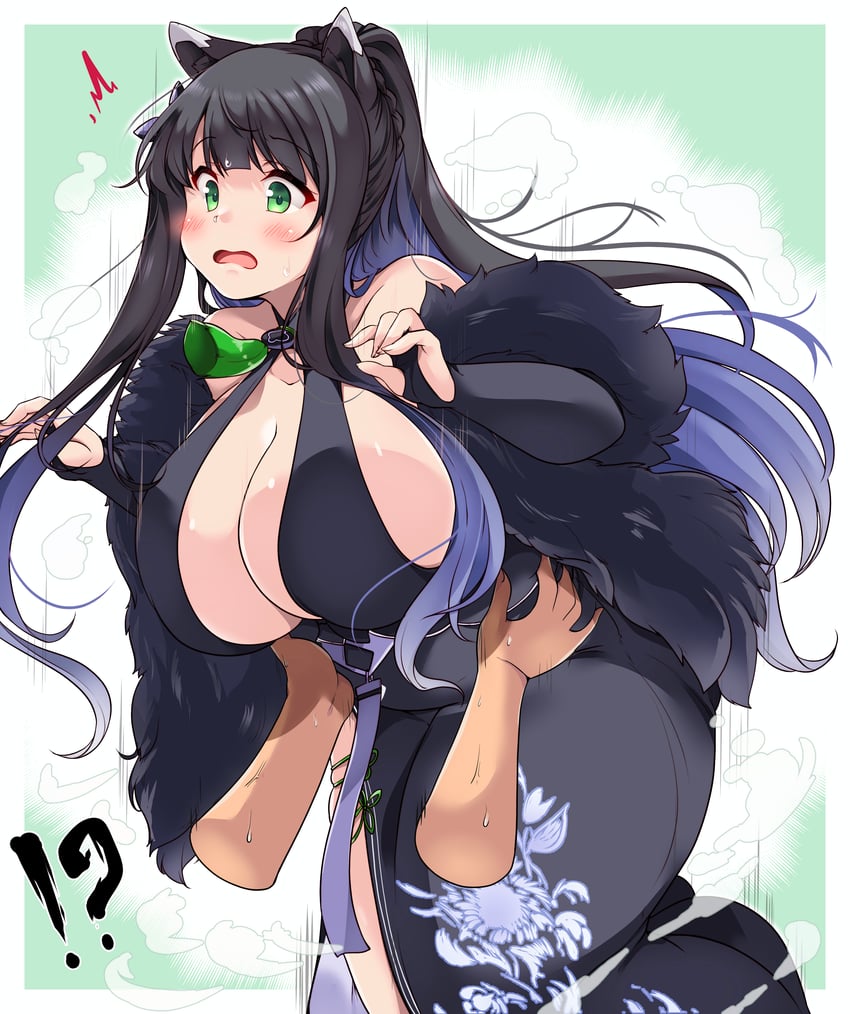 !? absurdres alternate_breast_size animal_ears black_gloves black_hair blue_archive blue_hair blush border breasts cleavage collarbone commentary_request disembodied_hand dress feet_out_of_frame female gloves grabbing_another's_stomach green_background green_eyes highres huge_breasts kurokaze_no_sora long_hair multicolored_hair open_hands open_mouth outside_border revealing_clothes shun_(blue_archive) sidelocks solo_focus sweat tareme thick_thighs thighs two-tone_hair white_border