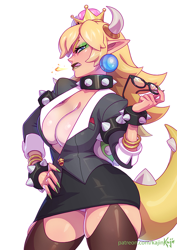 1girls big_breasts bimbo blonde_hair blue_eyes bowsette breasts business_suit cleavage dark_lipstick dress elf_ears eyeshadow female female_only fire_breath garter_straps glasses green_eyeshadow hourglass_figure kajinman large_breasts light-skinned_female light_skin lips lipstick looking_at_viewer makeup mario_(series) miniskirt monster_girl nail_polish nails new_super_mario_bros._u_deluxe nintendo no_bra office_lady open_clothes panties pointy_ears rule_63 skirt solo spiked_armlet spiked_bracelet spiked_collar spiked_shell spiked_tail super_crown tail text thick_thighs thighhighs upskirt url voluptuous watermark wide_hips