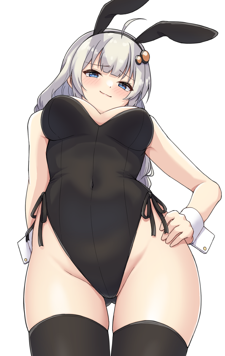 ahoge animal_ear_hairband animal_ears ass_visible_through_thighs bare_hips bare_shoulders black_hairband black_leotard black_ribbon black_thighhighs blue_eyes blush breasts closed_mouth commentary covered_navel fake_animal_ears female from_below hairband hand_on_own_hip highres kizuna_akari large_breasts leotard long_hair looking_at_viewer looking_down playboy_bunny rabbit_ear_hairband rabbit_ears ribbon shun_(b.c) smile solo thighhighs vocaloid voiceroid wrist_cuffs