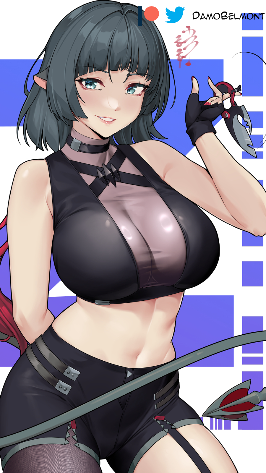 aqua_eyes bare_arms bare_shoulders black_gloves black_hair black_shorts breasts commentary cowboy_shot crop_top damobelmont female fingerless_gloves garter_straps gloves grin hand_up highres holding holding_knife holding_weapon jane_doe_(zenless_zone_zero) knife large_breasts long_hair looking_at_viewer midriff navel pantyhose short_shorts shorts single_leg_pantyhose smile solo standing stomach tail very_long_hair weapon zenless_zone_zero