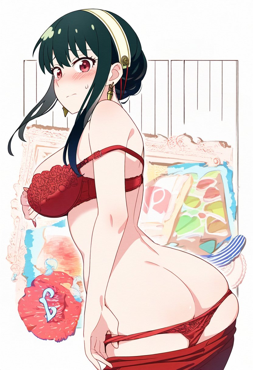 1girls ai_assisted ai_generated ass ass_focus back back_view bare_arms bare_back bare_shoulders big_ass big_breasts black_hair blush body_blush bra breasts cleavage closed_mouth clothes_down earrings embarrassed female female_only hairband human jei_games lace-trimmed_bra lace-trimmed_panties long_hair panties panties_down red_bra red_eyes red_panties red_underwear solo spy_x_family sweatdrop underwear underwear_only undressing yor_briar