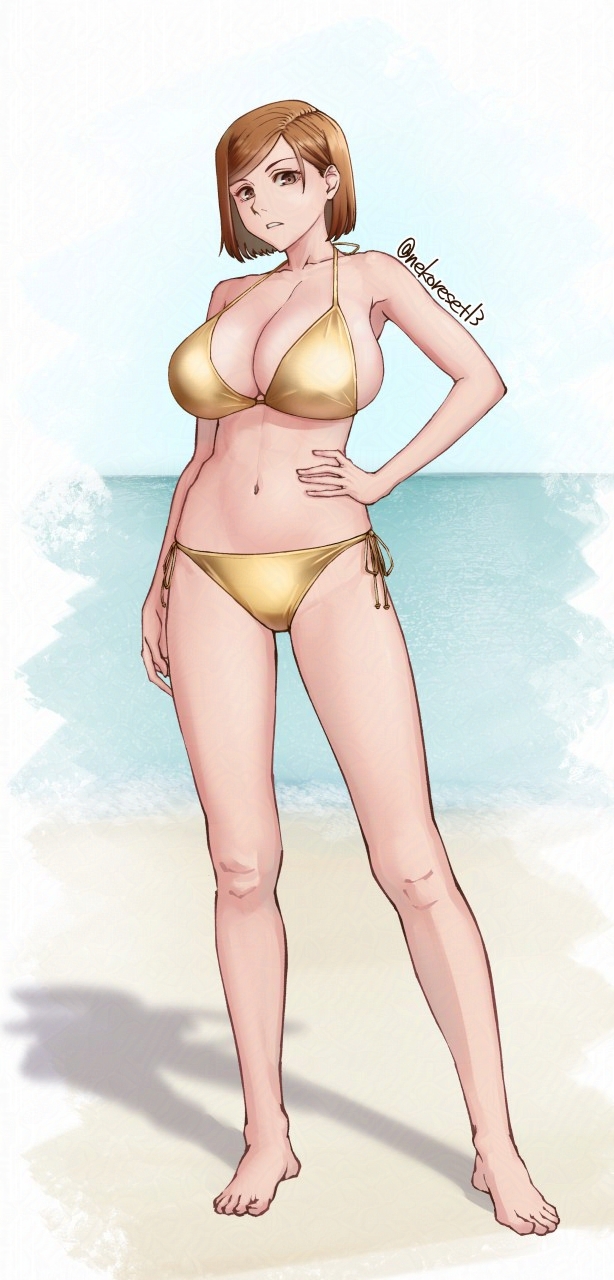 bikini breasts brown_hair female full_body gold_bikini golden_bikini jujutsu_kaisen kugisaki_nobara large_breasts legs medium_hair nekoreset13 panties short_hair solo