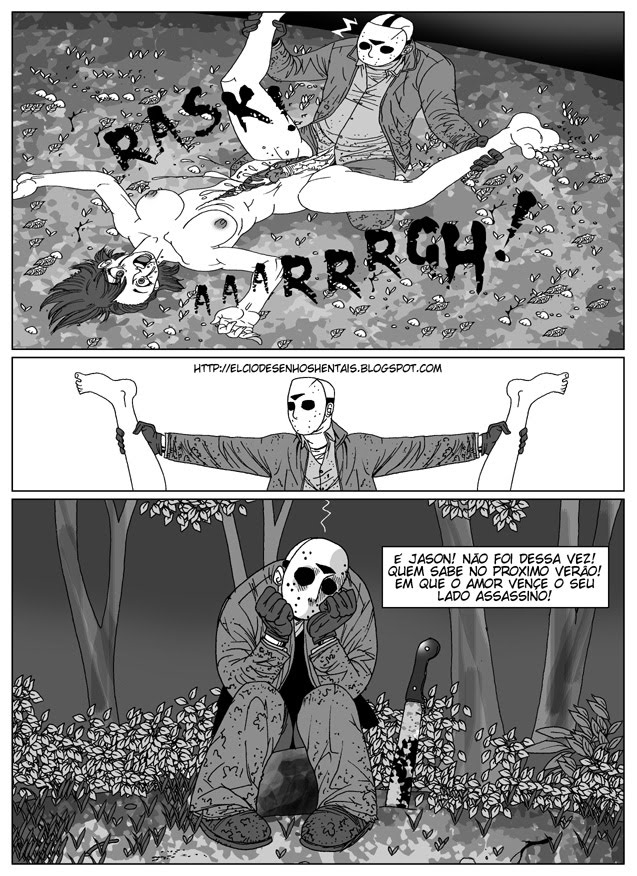 1boy 1girls breasts comic cum death death_by_penis death_by_snoo_snoo female female_death friday_the_13th girl gore hockey_mask jason_voorhees machete penis ryona screaming straight translation_request