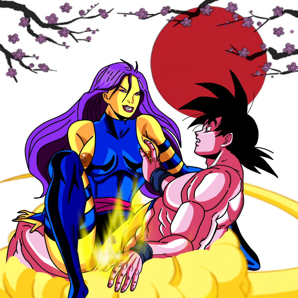 betk crossover dragon_ball dragon_ball_z eastern_and_western_character marvel marvel_comics muscular_male psylocke purple_hai purple_hair purple_hairband son_goku x-men