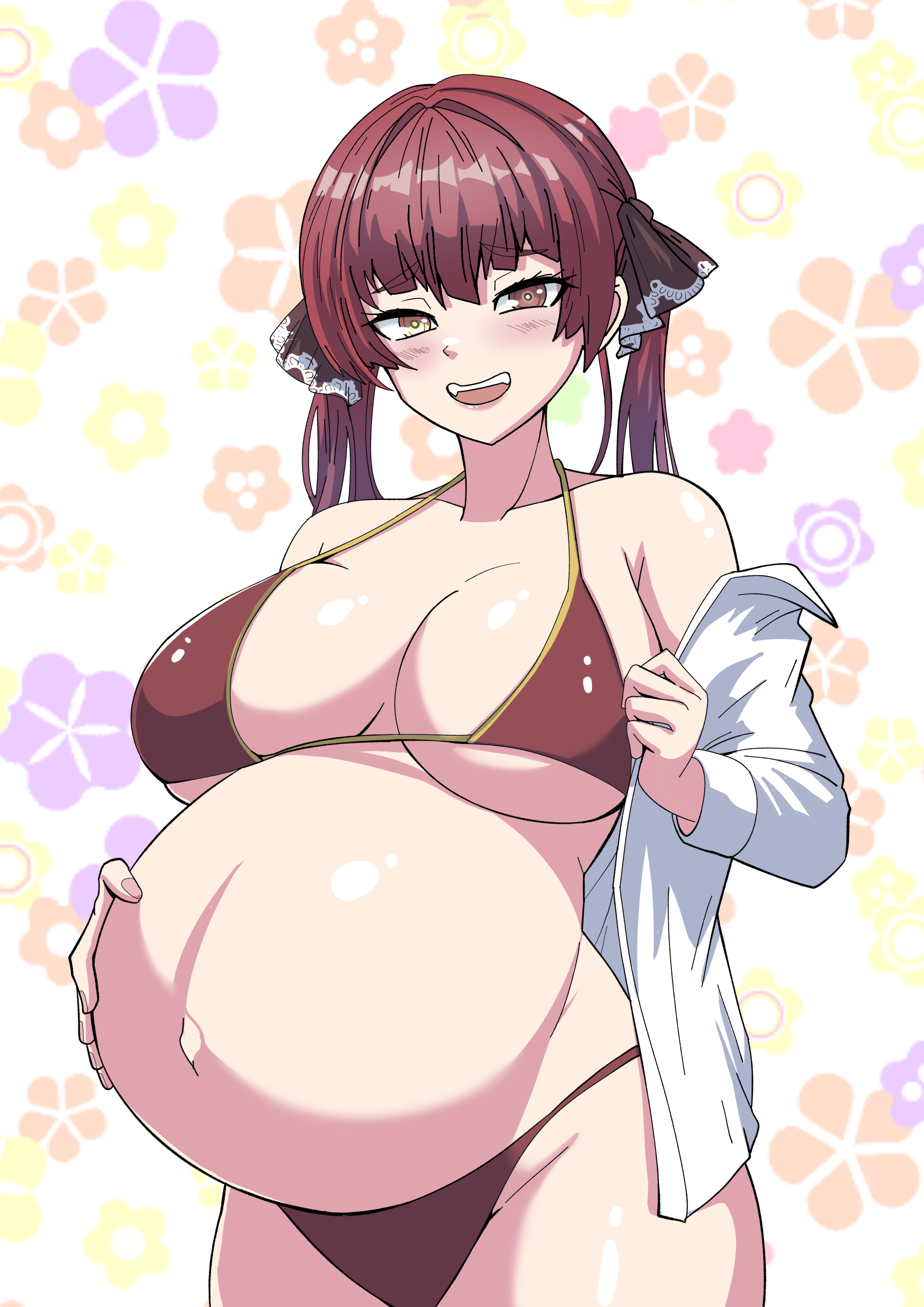 bikini, blush, female, hololive, houshou marine, hyper belly, pregnant, ready to pop, virtual youtuber, vtuber, yuhancyan