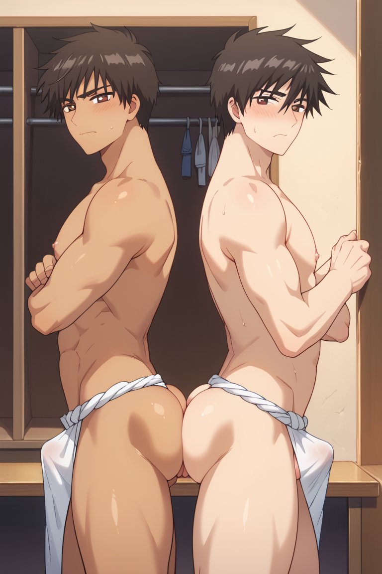 ai_generated bara black_hair black_hair_bottom brown_hair brown_hair_on_black_hair brown_hair_top character_request domination gay light_hair_on_dark_hair male male_focus male_only muscular muscular_male pervirexartt yaoi