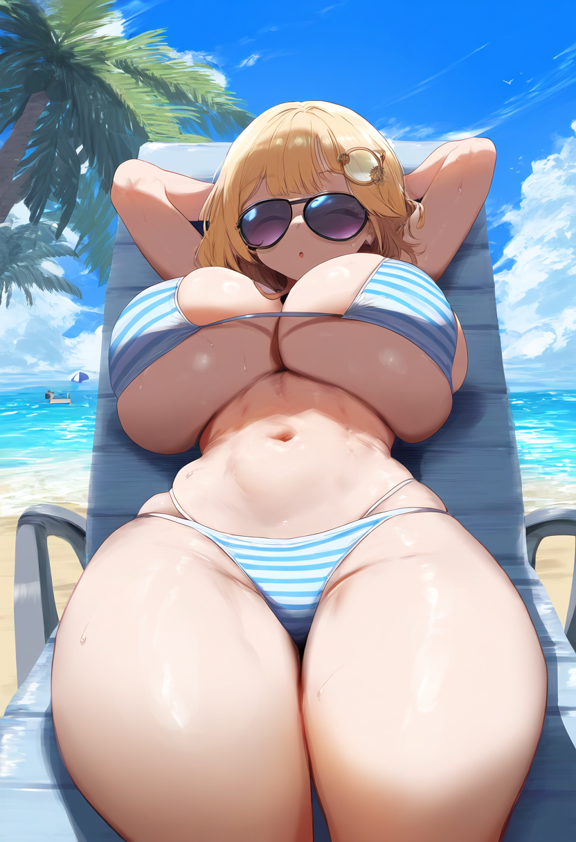 ai_generated ameanon arms_behind_head beach big_breasts bikini blonde_hair breasts cleavage closed_eyes hololive hololive_english hololive_myth huge_breasts large_breasts lounge_chair on_back sideboob sleeping striped_bikini sunglasses thick_thighs tinted_eyewear virtual_youtuber vtuber watson_amelia