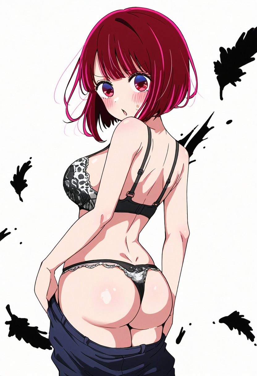 ai_assisted arima_kana ass ass_focus back back_view bare_arms bare_back bare_shoulders big_ass black_bra black_panties black_underwear blush body_blush bra breasts cleavage embarrassed jei_games lace-trimmed_bra lace-trimmed_panties medium_breasts open_mouth oshi_no_ko panties red_eyes red_hair shiny_skin short_hair shorts_down sideboob sweatdrop thighs thong underwear underwear_only undressing