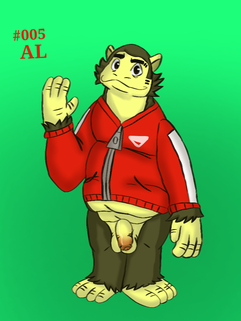 al_(animal_crossing) animal_crossing anthro ape bottomless brown_body brown_fur clothed clothing eyebrow_slit eyebrows fupa fur furry gesture gorilla haplorhine jacket looking_at_viewer male mammal nintendo onikuma_(artist) overweight overweight_anthro overweight_male partially_clothed primate red_clothing smile solo topwear waving waving_at_viewer yellow_body yellow_skin