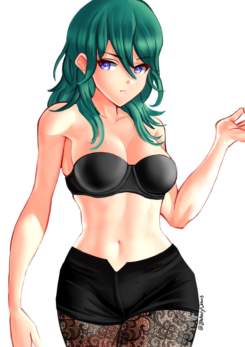bare shoulders, black bra, black pants, black underwear, bra, breasts, byleth (fire emblem), byleth (fire emblem) (female), cleavage, female, female protagonist, fire emblem, fire emblem: three houses, green hair, jackary draws, lace, legwear, midriff, navel, nintendo, pants, pantyhose, purple eyes, simple background, solo, underwear, white background