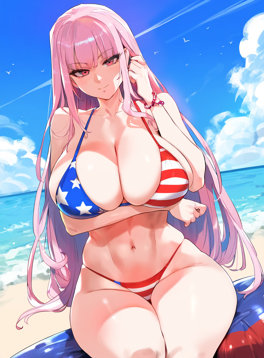 ai_generated american_flag_bikini arm_under_breasts artist_upload beach big_breasts bikini breasts female female_only hololive hololive_english light-skinned_female mori_calliope pale-skinned_female reinafan sitting solo solo_female tagme virtual_youtuber wide_hips