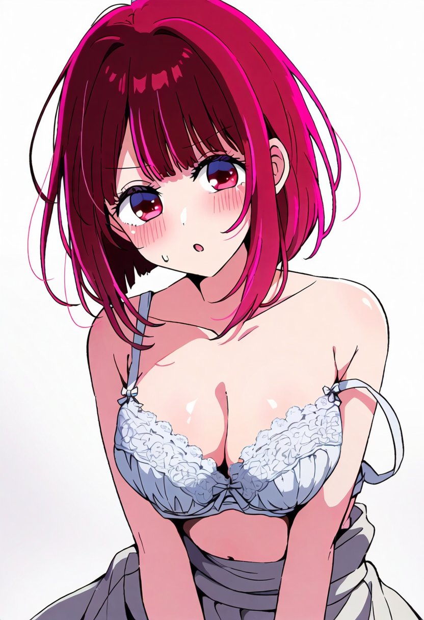 ai_assisted ai_generated arima_kana bare_arms bare_shoulders belly_button blush body_blush bra breasts cleavage collarbone jei_games medium_breasts no_shirt oshi_no_ko parted_lips red_eyes red_hair shiny_skin short_hair skirt strap_slip sweatdrop underwear white_bra