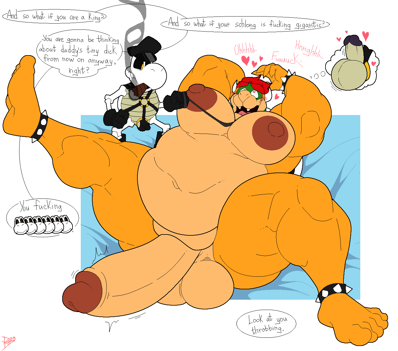 2boys anthro balls belly big_belly big_penis bobthetanuki bowser cigar clothing dialogue dry_bones duo erection extrasizedbob fat fat_belly gay genitals heart huge_cock koopa large_penis larger_male male male_nipples male_only man_boobs mario_(series) moobs nintendo nipples obese obese_male open_mouth overweight overweight_male penis red_hair reptile scalie size_difference small_dom_big_sub smaller_male text text_bubble