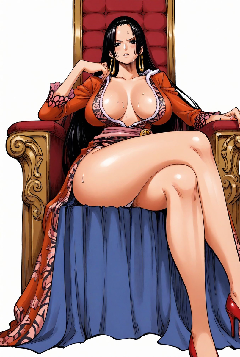 1girls ai_generated angry big_breasts black_hair boa_hancock chair cleavage curvy earrings exposed_legs female female_only heels long_dress long_sleeves looking_at_viewer looking_down one_piece red_clothing sitting sweat thick_legs thick_thighs voluptuous yashin