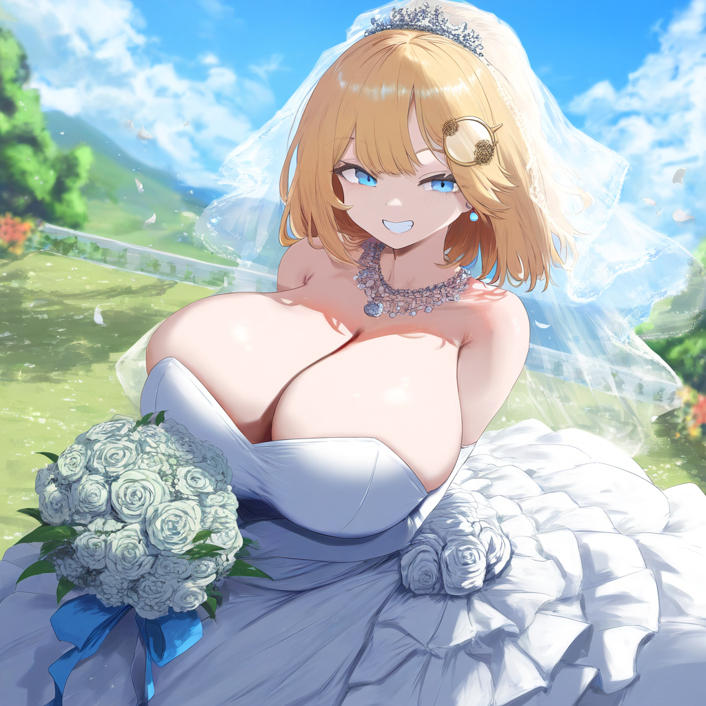 ai_generated ameanon big_breasts blonde_hair blue_eyes breasts bride cleavage hololive hololive_english hololive_myth huge_breasts large_breasts virtual_youtuber vtuber watson_amelia wedding_dress wedding_veil white_dress