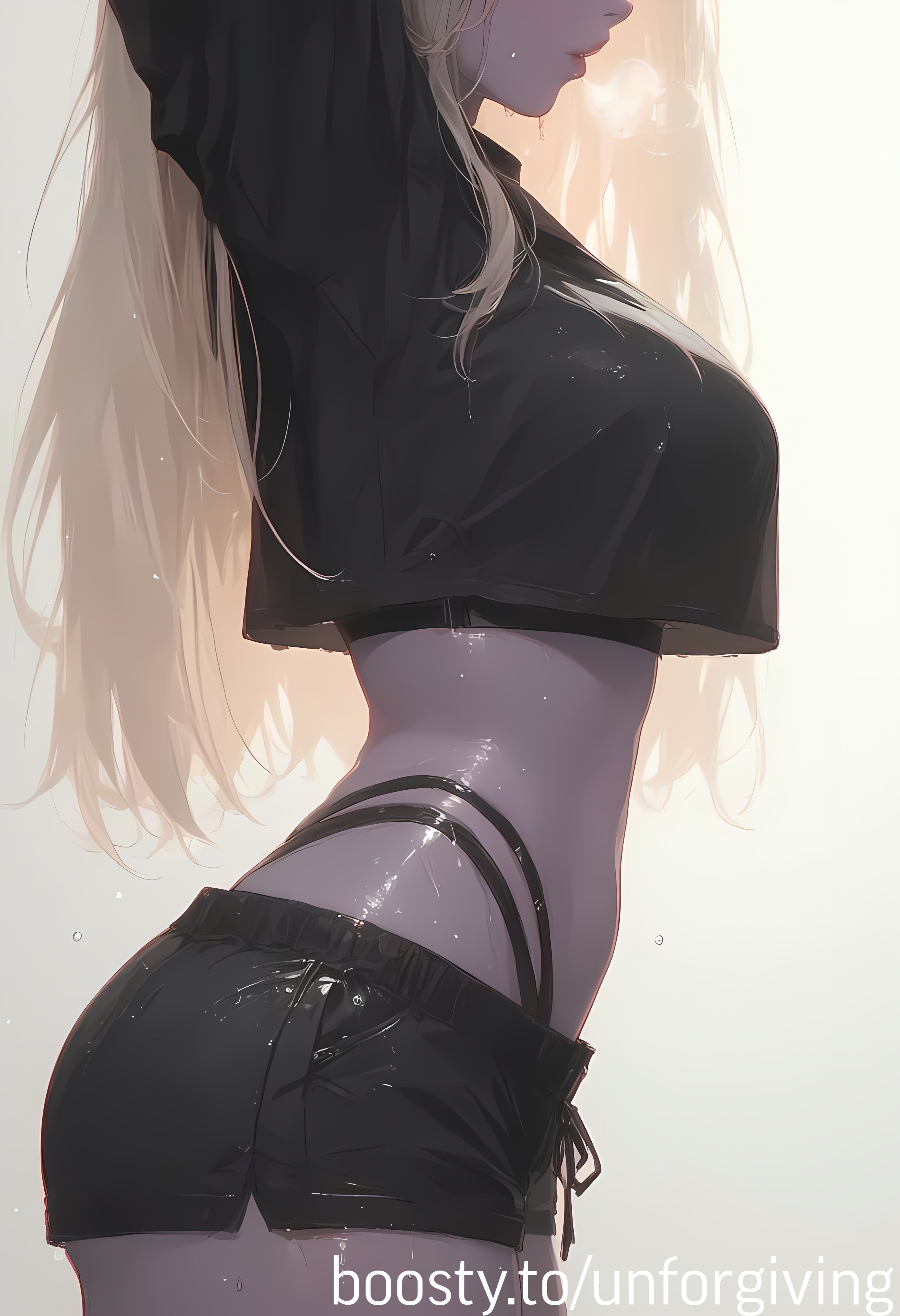 ai generated, ass, bra, breasts, colored skin, covered nipples, female, hips, large ass, large breasts, midriff, purple skin, shorts, straps, underboob, unforgiving, wet, wet body, wet clothes, wet skin