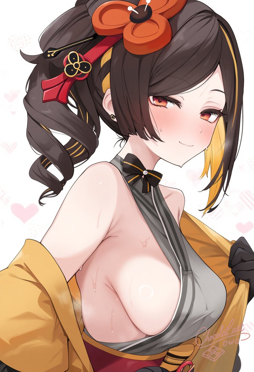 ai generated, breasts, brown hair, chiori (genshin impact), chocolat art0w0, drill hair, female, genshin impact, kimono, red eyes, sideboob