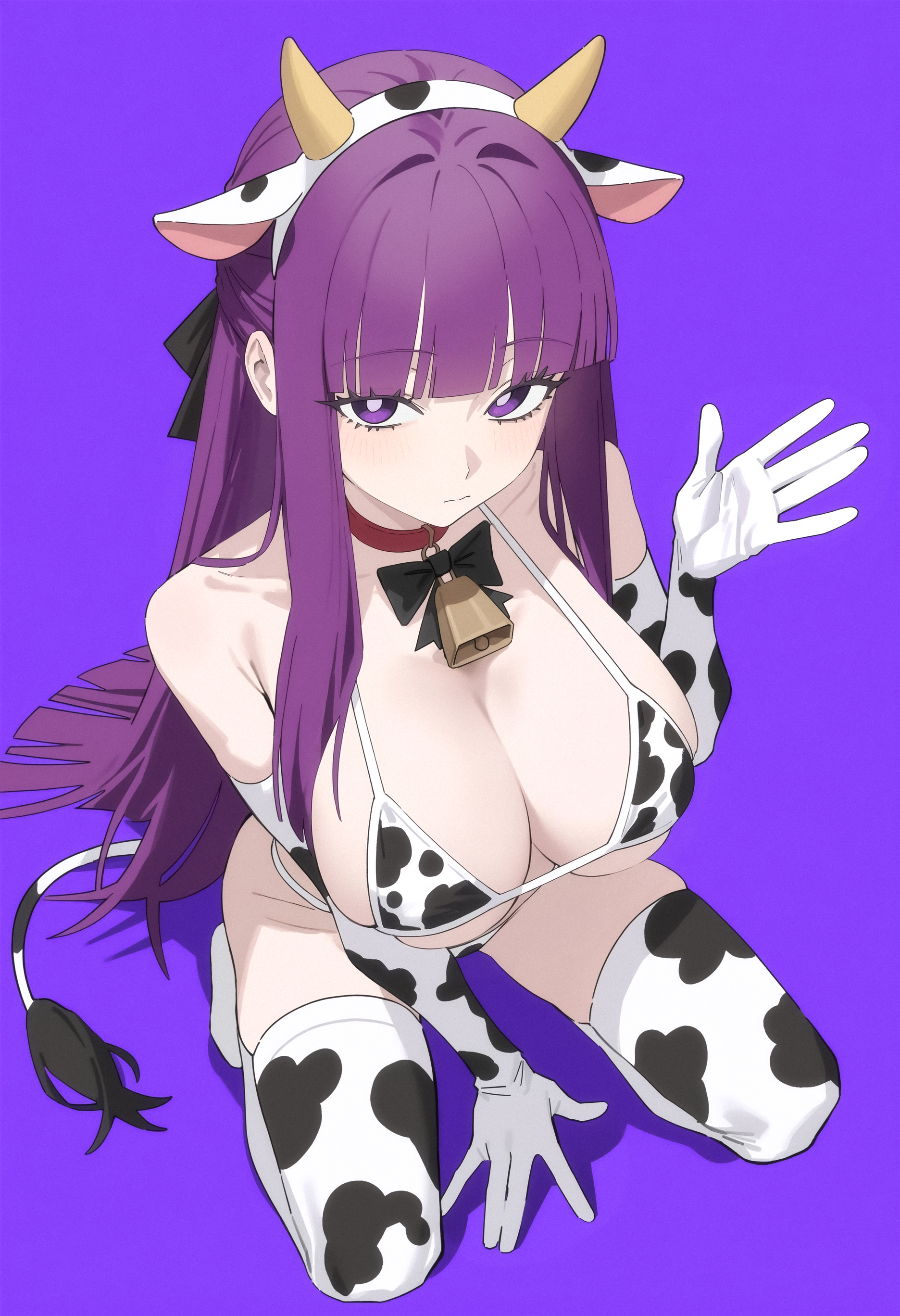 1girls, animal ears, animal print, bangs, bare shoulders, bell, bell collar, big breasts, bikini, bikini top, blush, breasts, cleavage, collar, cow bell, cow ears, cow girl, cow horns, cow print, cow print bikini, cow print gloves, cow print legwear, cow print thighhighs, elbow gloves, eyebrows visible through hair, fake animal ears, female, female only, fern (sousou no frieren), gloves, gradient background, horns, large breasts, long gloves, long hair, looking at viewer, purple background, purple eyes, purple hair, revealing clothes, skimpy clothes, skindentation, solo, sousou no frieren, stockings, swimsuit, tail, thighhighs, very long hair, white gloves, yorelle