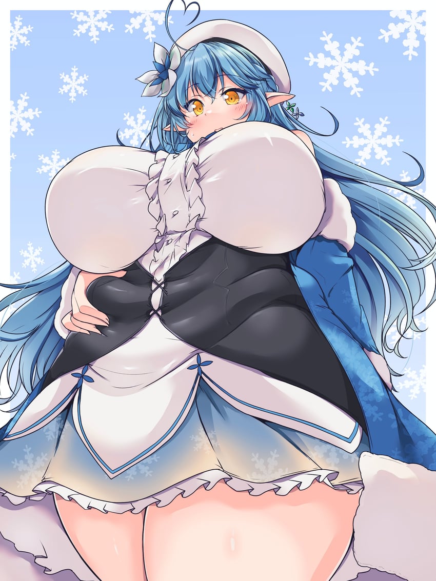 absurdres ahoge bare_shoulders belly belly_grab blue_background blue_hair blush border braid breasts breasts_apart buttons closed_mouth commentary_request cowboy_shot curvy fat female flower frills fur_trim hair_between_eyes hair_flower hair_ornament half_updo heart heart_ahoge highres hololive huge_breasts kurokaze_no_sora long_hair long_sleeves multicolored_hair outside_border plump pointy_ears side_braid snowflake_background snowflakes solo streaked_hair sweatdrop thick_thighs thighs very_long_hair virtual_youtuber white_border yellow_eyes yukihana_lamy yukihana_lamy_(1st_costume)