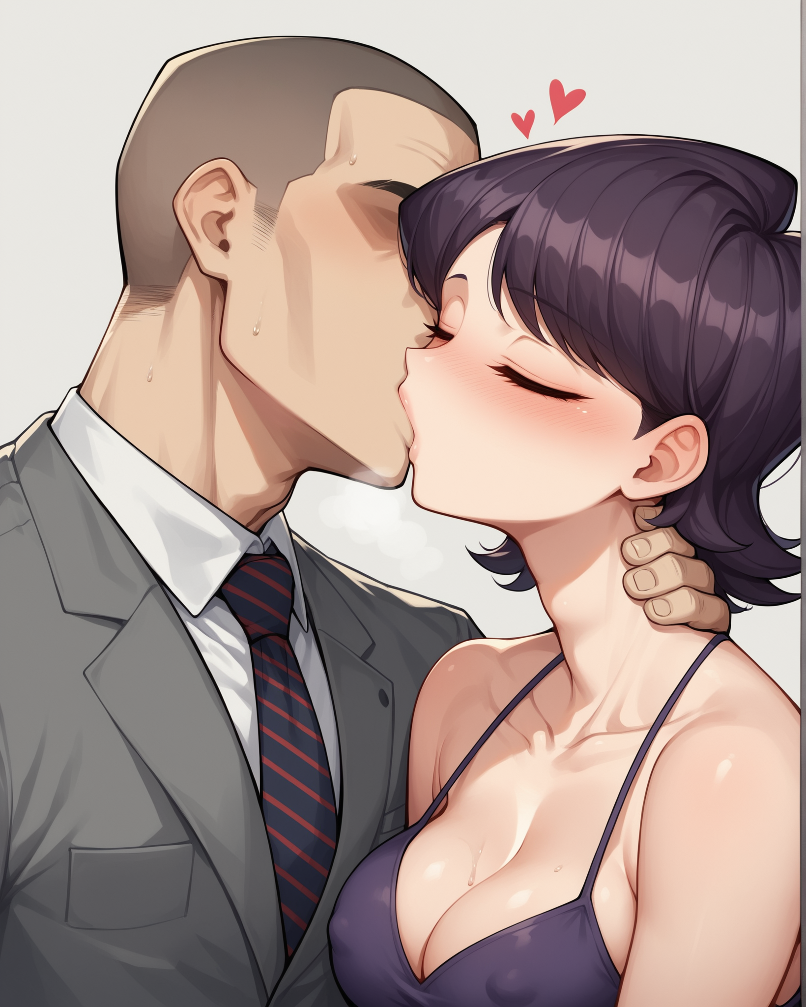 1boy, 1girls, ai generated, bare arms, bare shoulders, blush, breasts, cheating, cheating wife, cleavage, close-up, closed eyes, collarbone, covered nipples, dress, faceless male, female, halterneck, hand on another's neck, hand on neck, heavy breathing, kissing, komi shuuko, komi-san wa komyushou desu, male, milf, netorare, notreallyhere, purple dress, shaved head, short hair, simple background, size difference, suit, sweat, swept bangs, tie, upper body