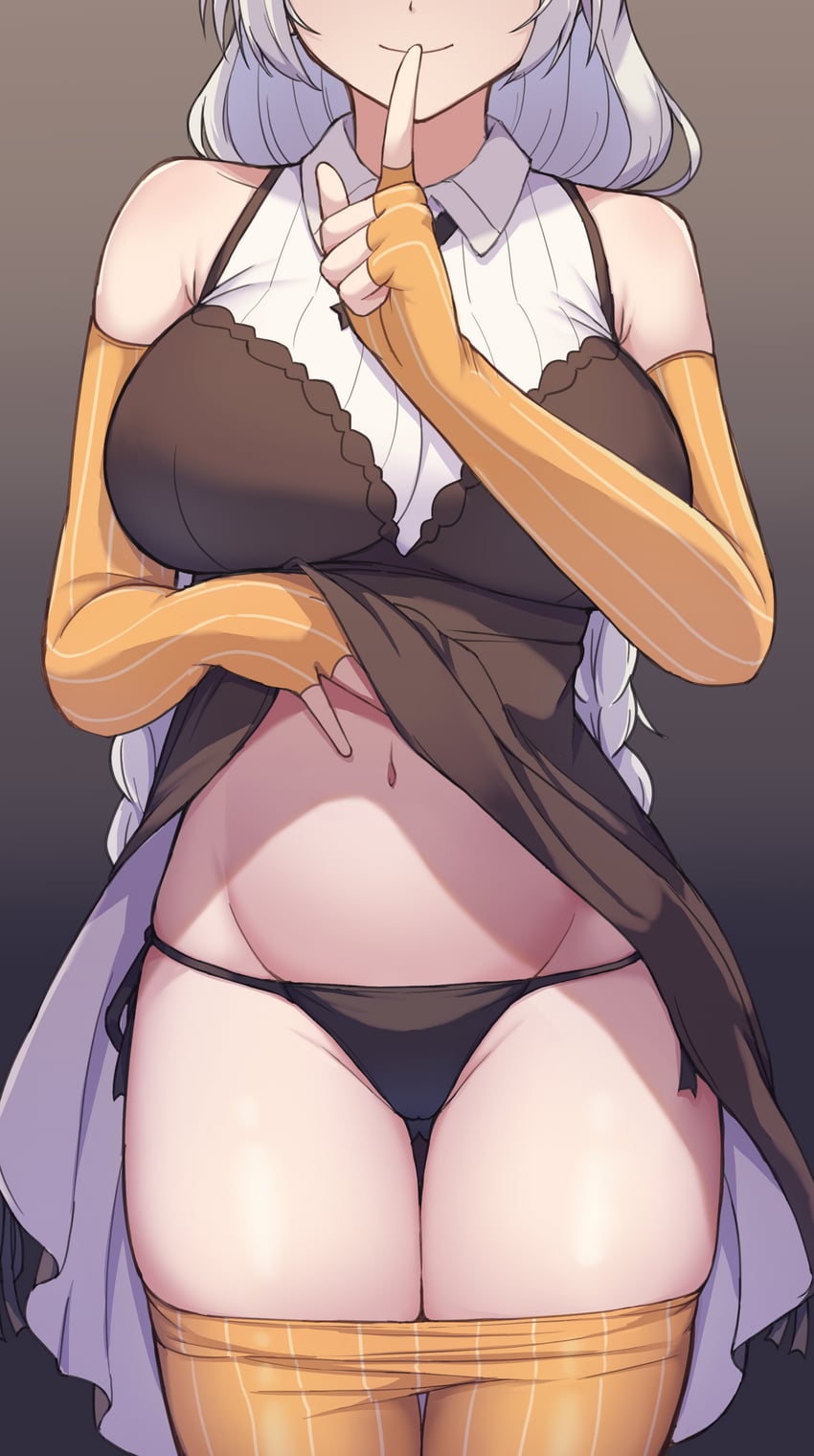 absurdres black_dress black_panties braid breasts closed_mouth clothes_pull cowboy_shot dress elbow_gloves female finger_to_mouth fingerless_gloves gloves grey_hair groin highres index_finger_raised kizuna_akari large_breasts long_hair navel orange_gloves orange_pantyhose panties pantyhose pantyhose_pull shirt shun_(b.c) shushing smile solo striped_clothes striped_gloves striped_pantyhose twin_braids underwear vertical-striped_clothes vertical-striped_gloves vertical-striped_pantyhose voiceroid white_shirt