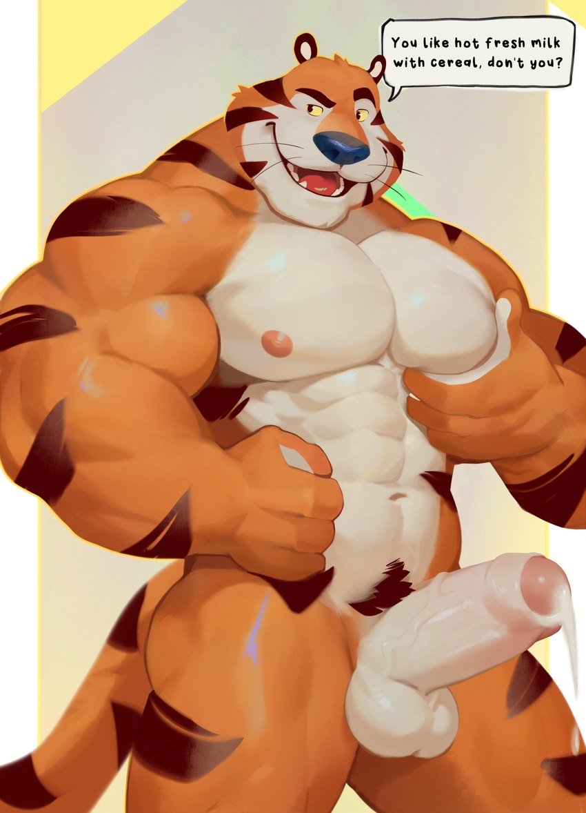 abs anthro anthro_only balls_out biceps blue_nose bowl_of_cum cereal_mascot cock cum cum_milking cumming dick fangs furry kelloggs marius_tygo mascot muscle muscular muscular_anthro muscular_anthro_tiger muscular_tiger orange_body orange_fur pecs penis penis_out pre_cum pre_cumming red_tongue speech_bubble squeezing_own_pec stripes tail_out talking_to_viewer text tiger tiger_boy tongue tony_the_tiger triceps white_abs white_pecs yellow_sclera