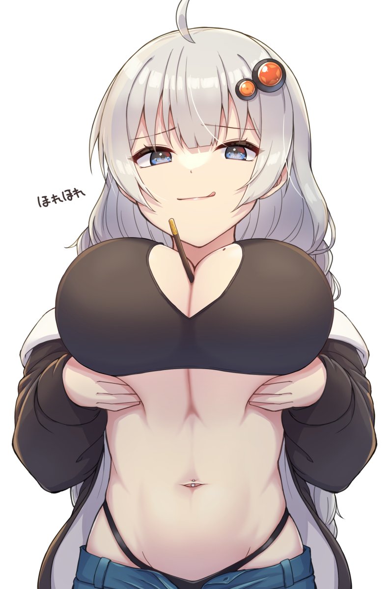 :q ahoge between_breasts black_panties blue_eyes breasts breasts_squeezed_together cleavage closed_mouth commentary_request female food grey_hair hair_ornament highres huge_breasts kizuna_akari looking_at_viewer navel navel_piercing open_fly panties piercing pocky shun_(b.c) simple_background smile solo stomach tank_top tongue tongue_out underwear voiceroid white_background