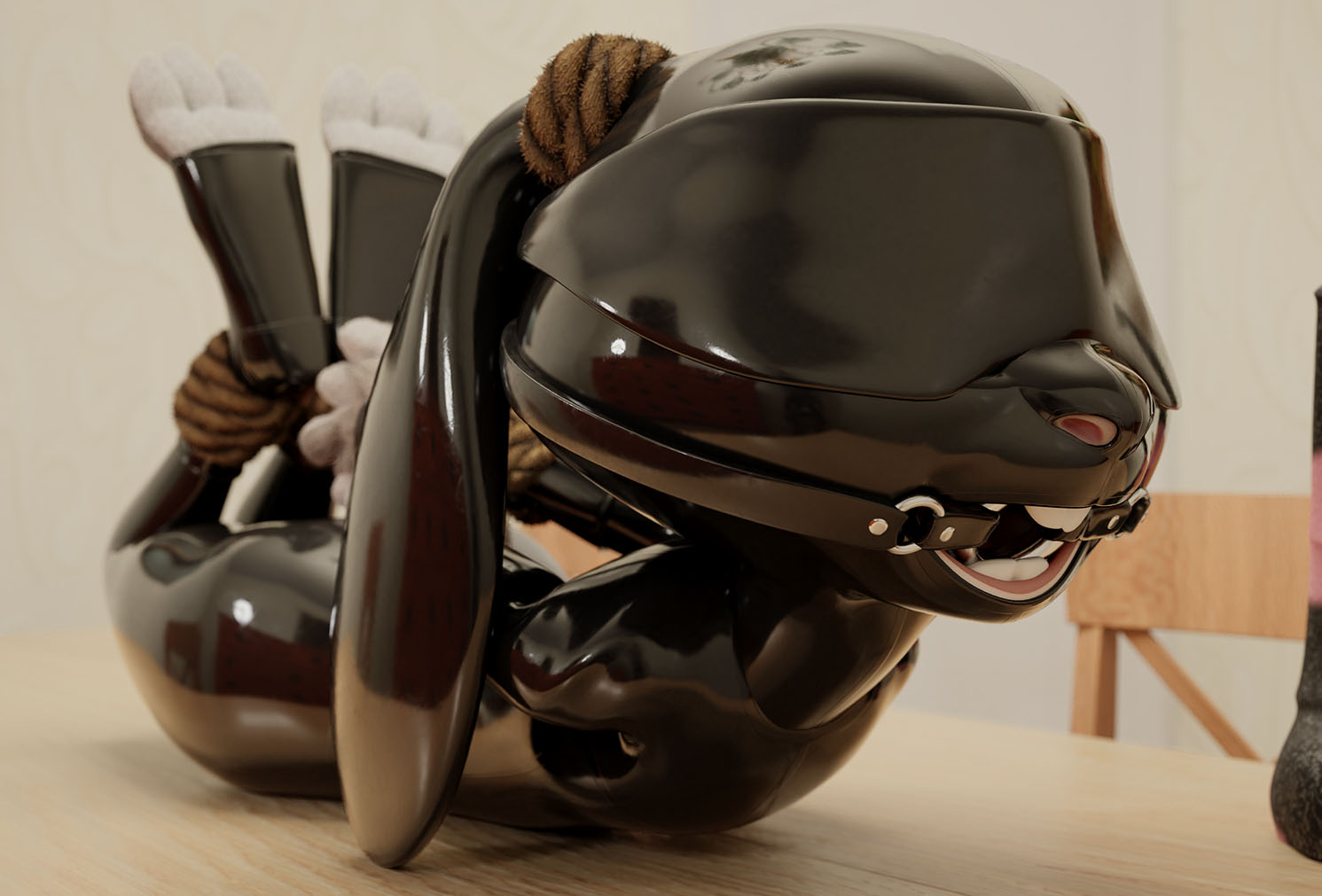 1girls, 3 toes, 3d, anthro, arms behind back, ball gag, blindfold, bodysuit, bondage, buckteeth, catsuit, clothing, dildo, disney, feet, female, female only, fingerless gloves, floppy ears, gag, gagged, gimp suit, hogtie, horse dildo, judy hopps, lagomorph, latex, on table, rabbit, rope, rubber (artist), toeless legwear, toes, zootopia