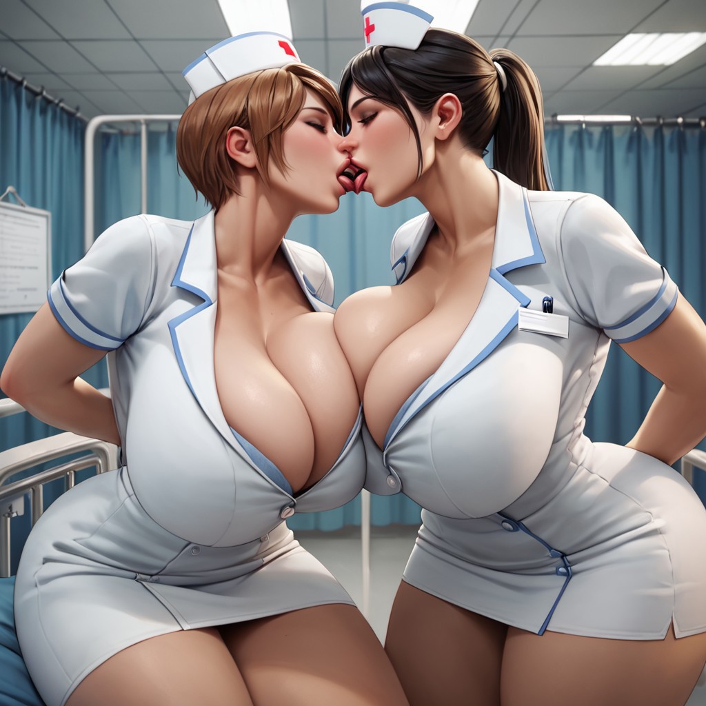 2girls 3d ai_generated big_ass big_breasts breast_press breast_to_breast cleavage french_kiss hospital huge_ass huge_breasts hyper_ass hyper_breasts kissing milf milf_on_milf nurse nurse_cap nurse_uniform thick_ass thick_thighs voluptuous wardrobe_malfunction yuri