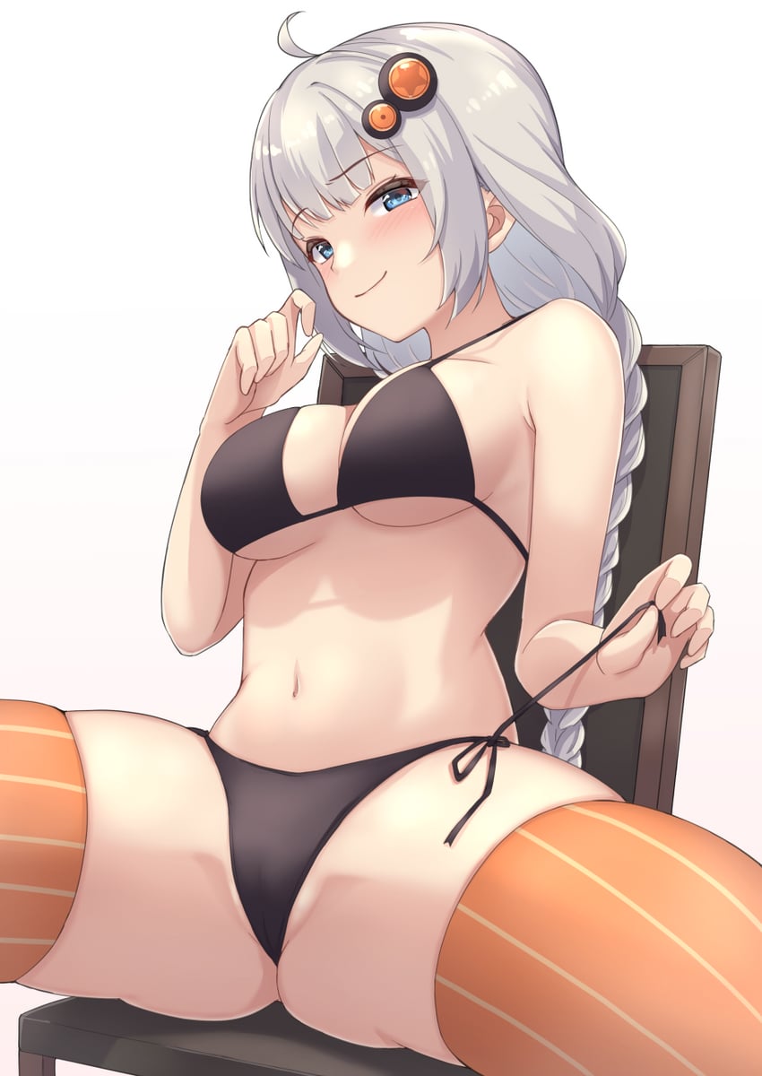 ahoge bare_arms bare_shoulders bikini black_bikini blue_eyes blush braid breasts chair cleavage closed_mouth female hair_ornament head_tilt highres kizuna_akari large_breasts long_hair looking_at_viewer orange_thighhighs seiza shun_(b.c) side-tie_bikini_bottom simple_background single_braid sitting skindentation smile smug solo spread_legs star_(symbol) striped_clothes striped_thighhighs swimsuit thighhighs underboob untying vertical-striped_clothes vertical-striped_thighhighs very_long_hair vocaloid voiceroid white_background