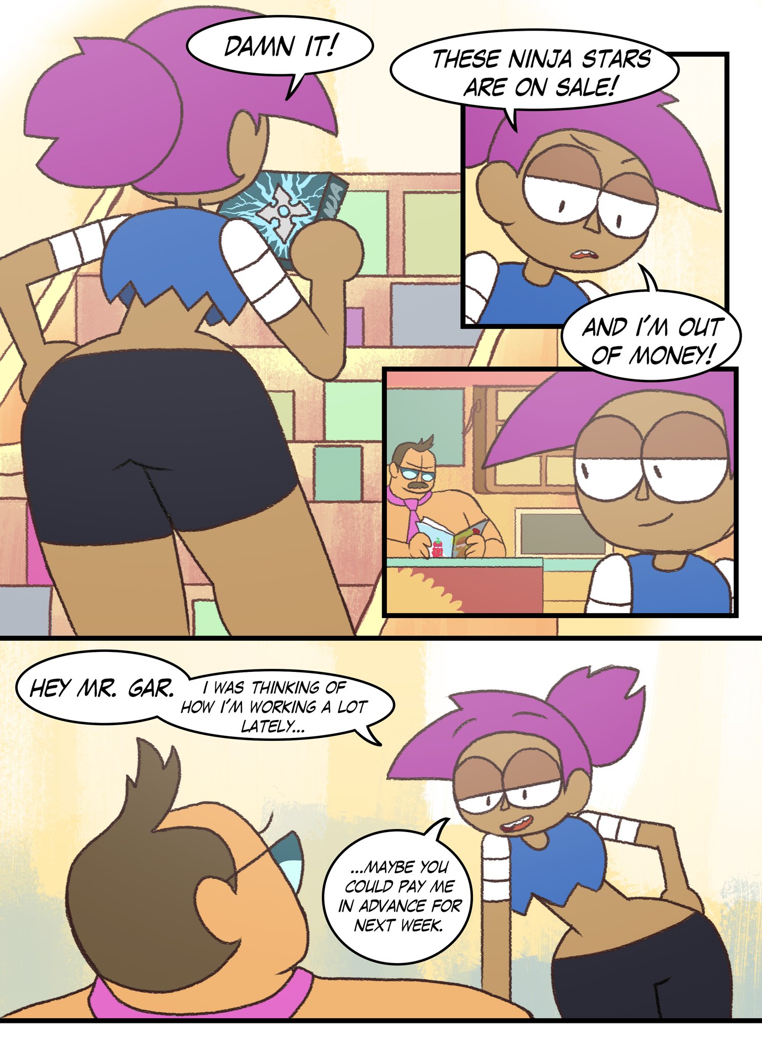 1girls, 2019, ass, cartoon network, comic, english text, enid, female, inkershike, male, mr. gar, ok k.o.! let's be heroes, purple hair, smile, text