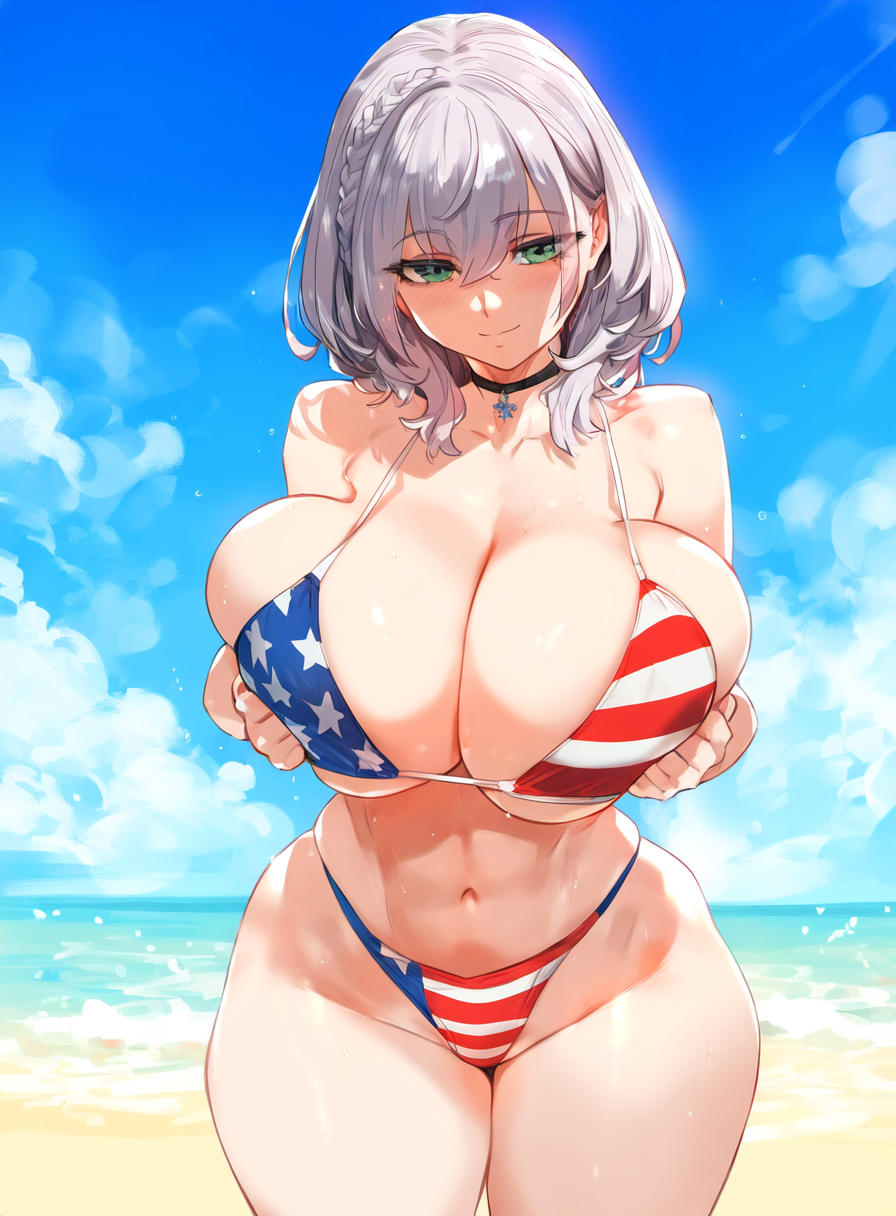 ai_generated american_flag_bikini artist_upload big_breasts bikini breasts female female_only hololive light-skinned_female pale-skinned_female shirogane_noel solo solo_female squeezing_breast tagme virtual_youtuber wide_hips