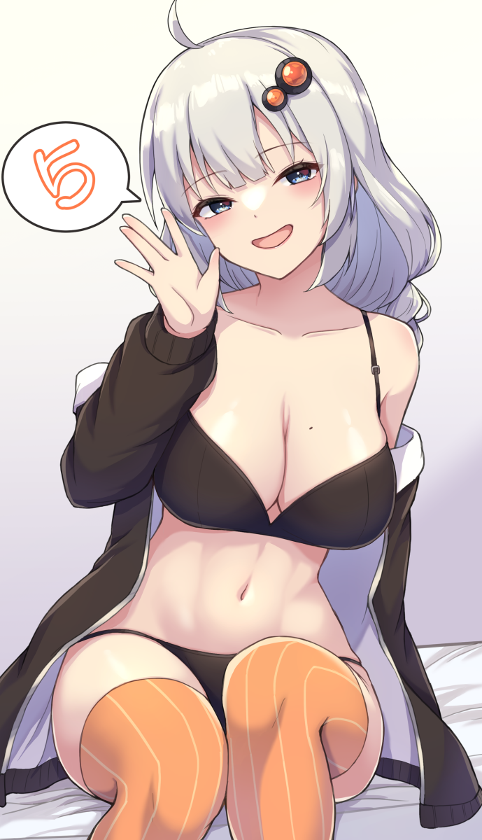 ahoge bra breasts cleavage female grey_eyes grey_hair hand_up highres jacket jacket_partially_removed kizuna_akari long_hair mole mole_on_breast open_clothes open_jacket open_mouth panties partially_undressed shun_(b.c) solo speech_bubble thighhighs underwear voiceroid