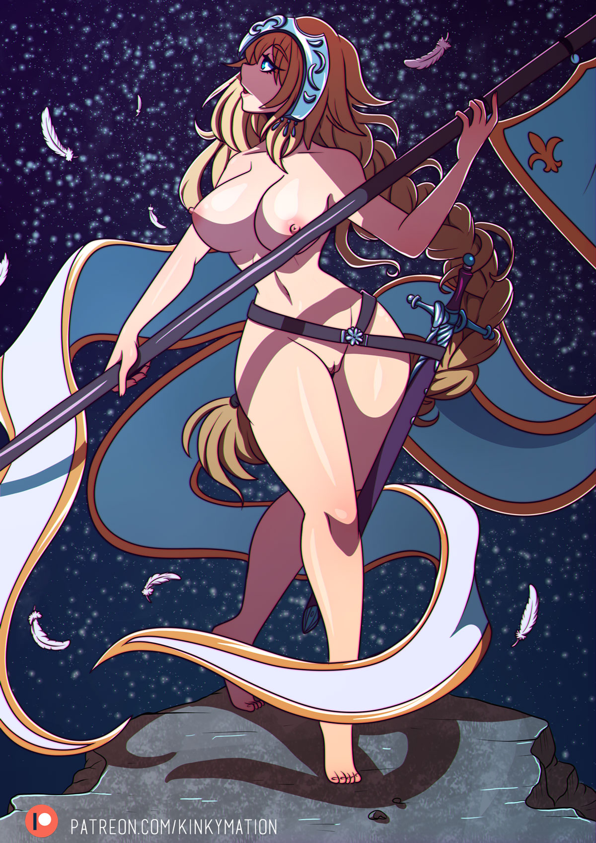 areolae, blonde hair, breasts, fate (series), fate/grand order, female, female only, hair, jeanne d'arc (fate), kinkymation, long hair, nipples, nude, pussy, solo, sword, video games