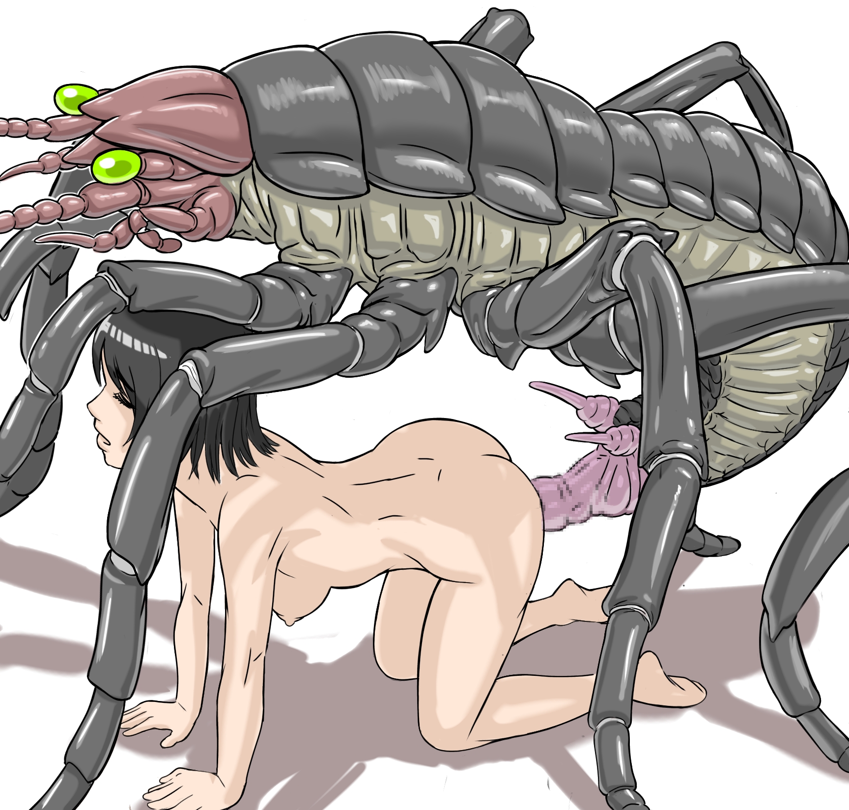 1girls, all fours, ass, black hair, breasts, censored, closed eyes, dotsukimawasu, female, from behind, insects, interspecies, male, monster, mosaic censoring, nipples, open mouth, original, penetration, penis, pussy, sex, short hair, size difference, spread legs, vaginal penetration