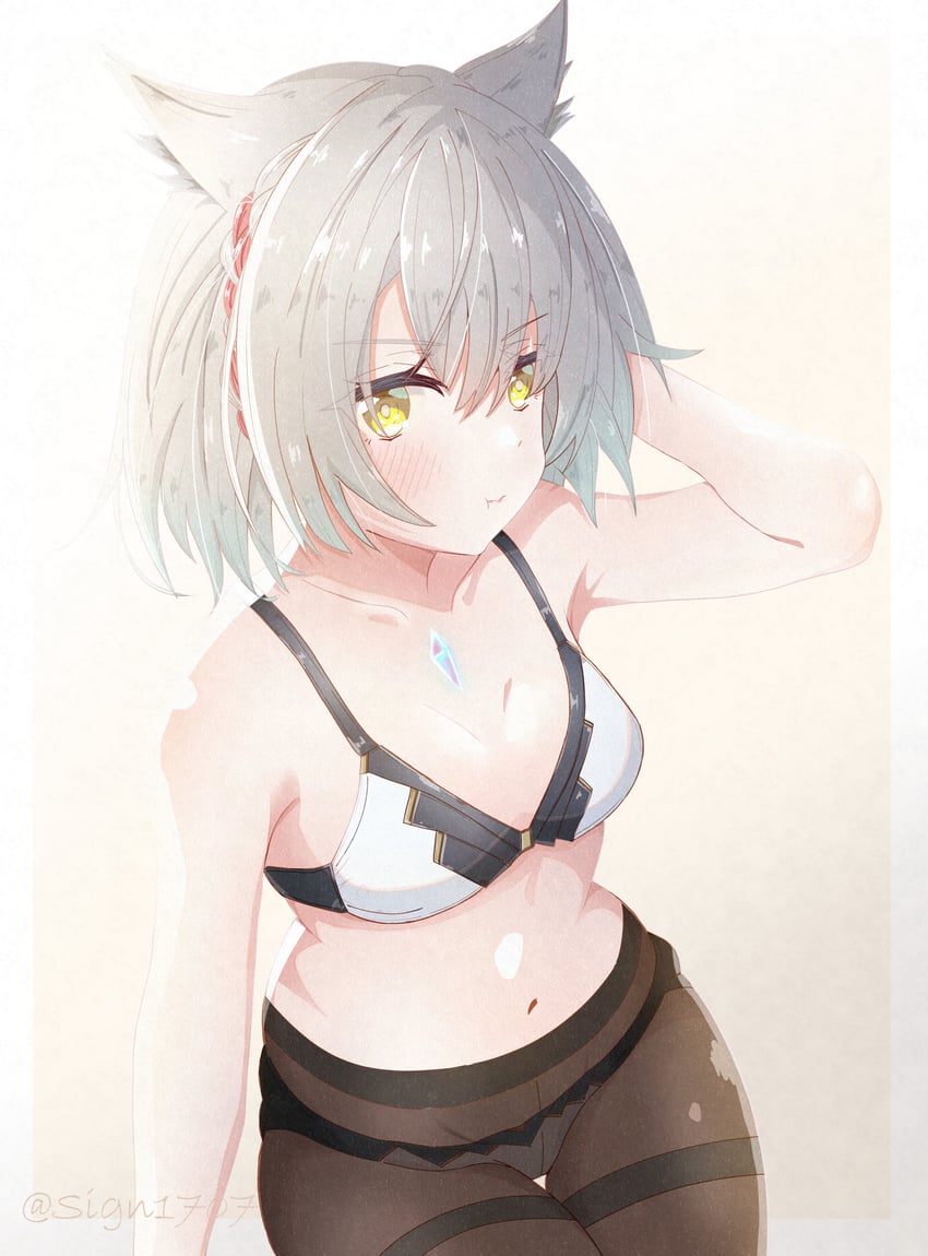 absurdres animal_ears blush border cat_ears cat_girl collarbone core_crystal female grey_hair hair_between_eyes highres looking_at_viewer medium_hair mio_(xenoblade) navel outside_border panties panties_under_pantyhose pantyhose pout sign1707 sitting solo underwear white_border xenoblade_(series) xenoblade_chronicles_3 yellow_eyes