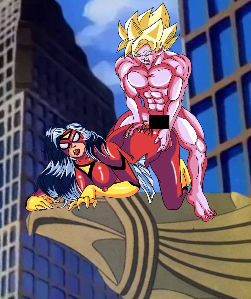 black_hair blonde_hair censored crossover dragon_ball dragon_ball_z eastern_and_western_character jessica_drew marvel marvel_comics muscular_mal son_goku spider-woman tagme