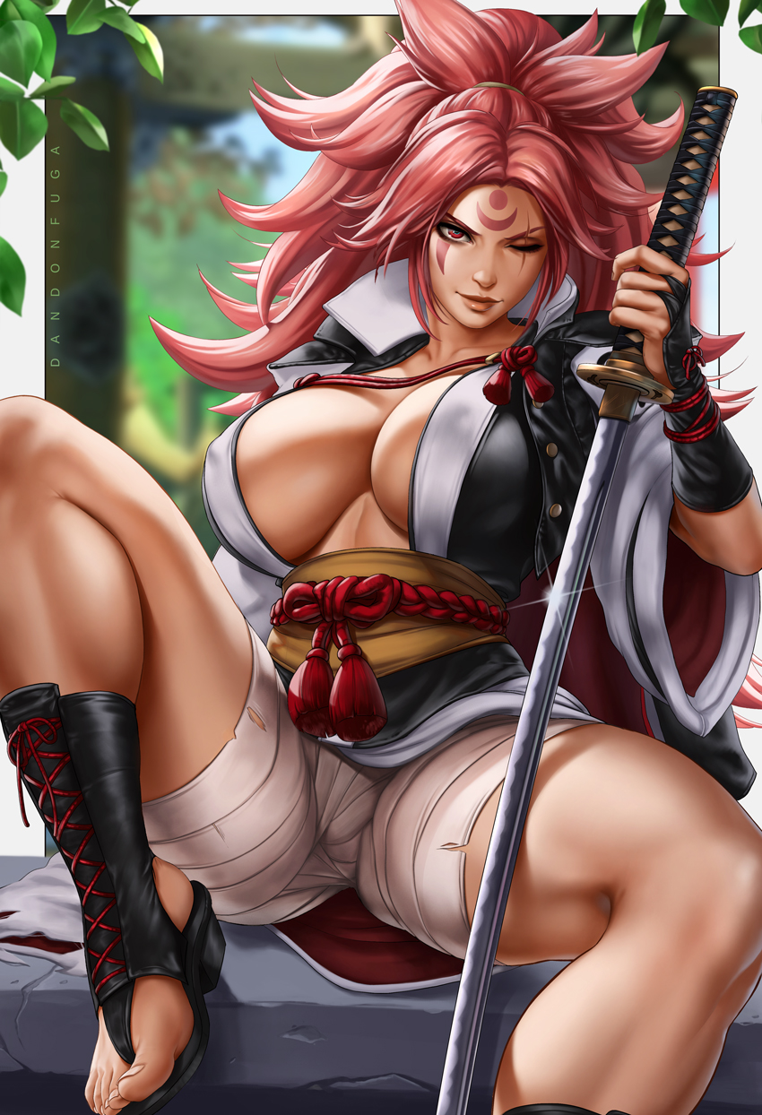 baiken, big breasts, breasts, cleavage, dandon fuga, female, female only, guilty gear, guilty gear xrd, large breasts, looking at viewer, solo, spread legs