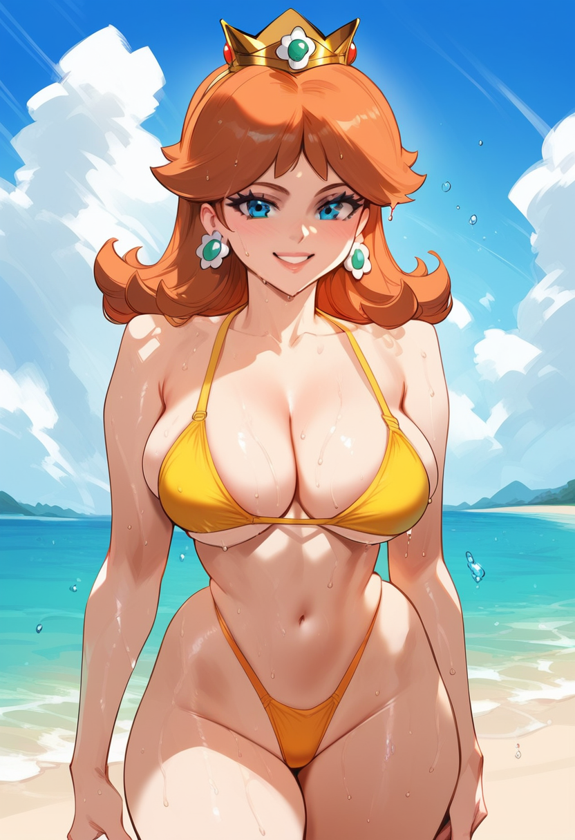 2d ai_generated beach bikini crown female female_focus female_only hellblueboy4 mario_(series) outdoors princess_daisy solo solo_female solo_focus super_mario_bros. tagme