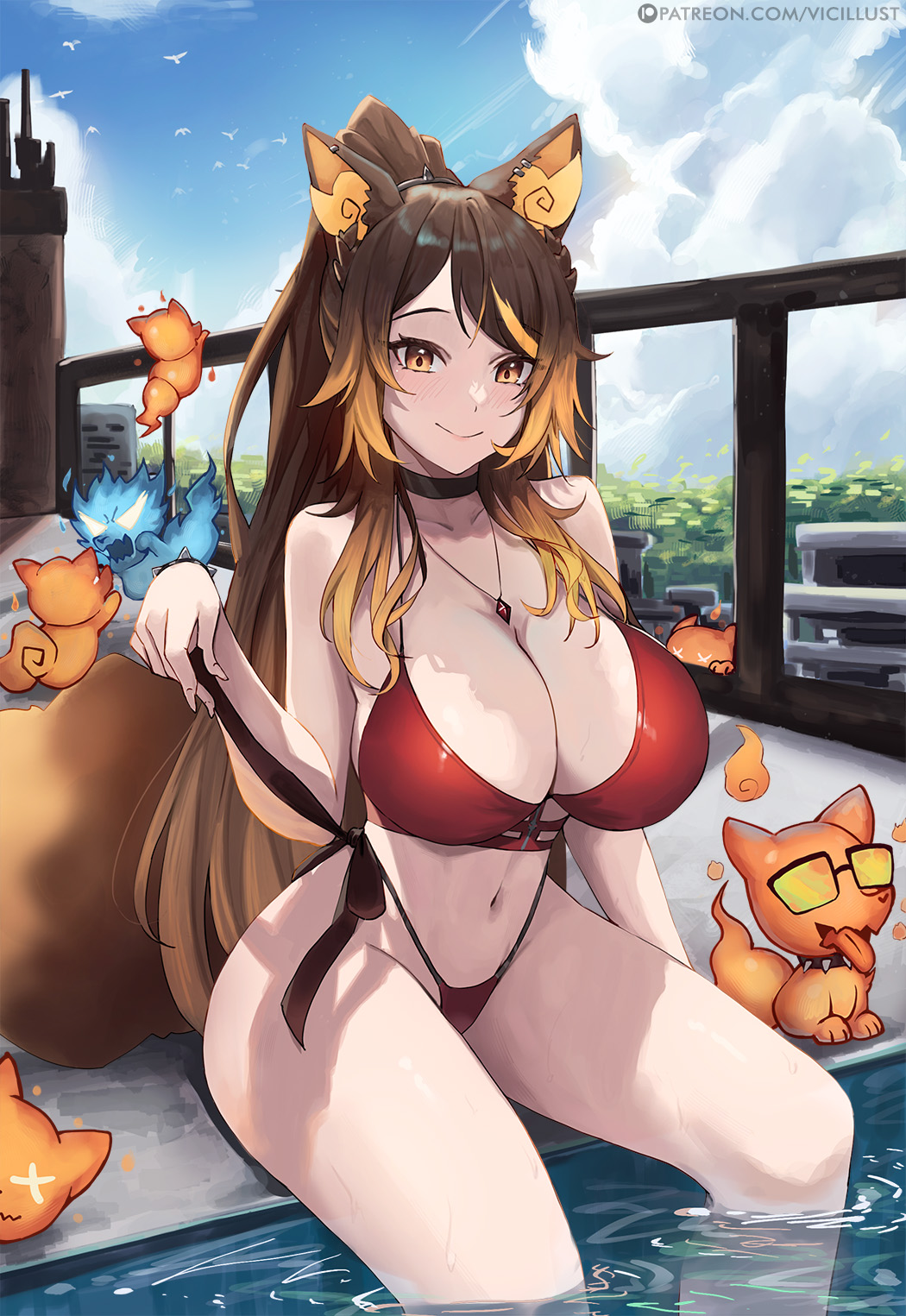 1girls animal_ears bikini black_choker breasts brown_hair choker city female fiery_ears high_ponytail highleg highleg_bikini highres indie_virtual_youtuber jewelry large_breasts long_hair looking_at_viewer multicolored_hair navel orange_eyes orange_hair outdoors pendant pool red_bikini sinder_(vtuber) sitting smile solo streaked_hair swimsuit tail vicarious virtual_youtuber water wolf_ears wolf_girl wolf_tail