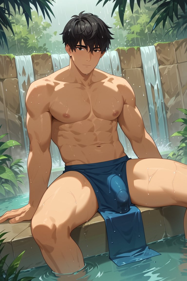 ai_generated bara black_hair black_hair_bottom brown_hair brown_hair_on_black_hair brown_hair_top character_request domination gay light_hair_on_dark_hair male male_focus male_only muscular muscular_male pervirexartt yaoi