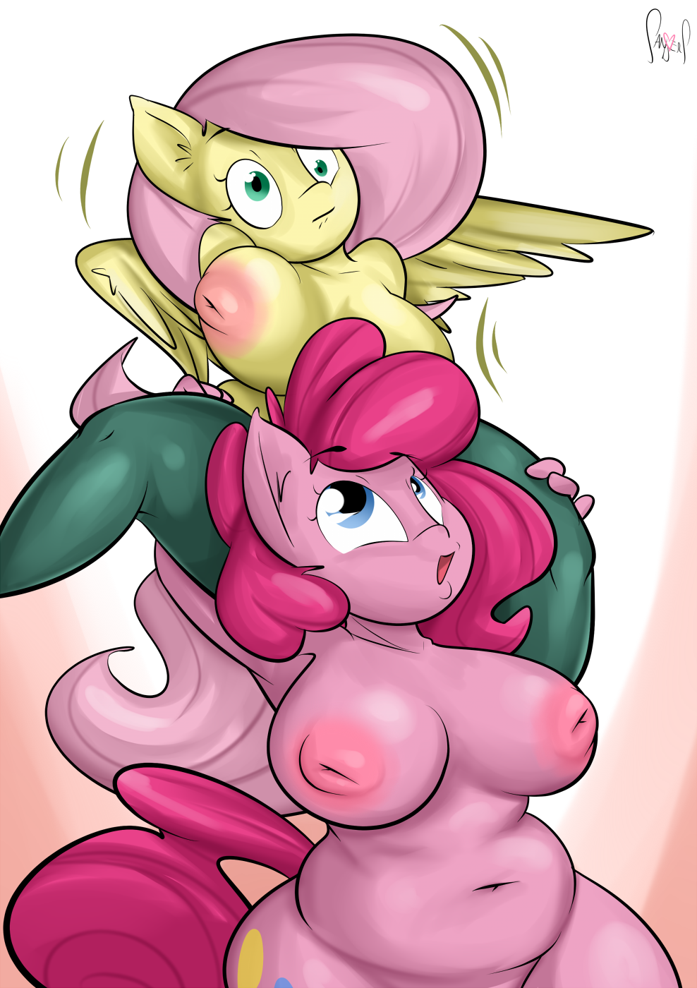 2015 anthro anthrofied big_breasts blue_eyes breasts carrying_another clothed clothing digital_media_(artwork) duo earth_pony equid equine feathered_wings feathers female fluttershy_(mlp) friendship_is_magic green_eyes hair hasbro hi_res horse long_hair mammal my_little_pony mythological_creature mythological_equine mythology navel nipples nude open_mouth pegasus pink_hair pinkie_pie_(mlp) pony sanders slightly_chubby topless wings yellow_body yellow_feathers