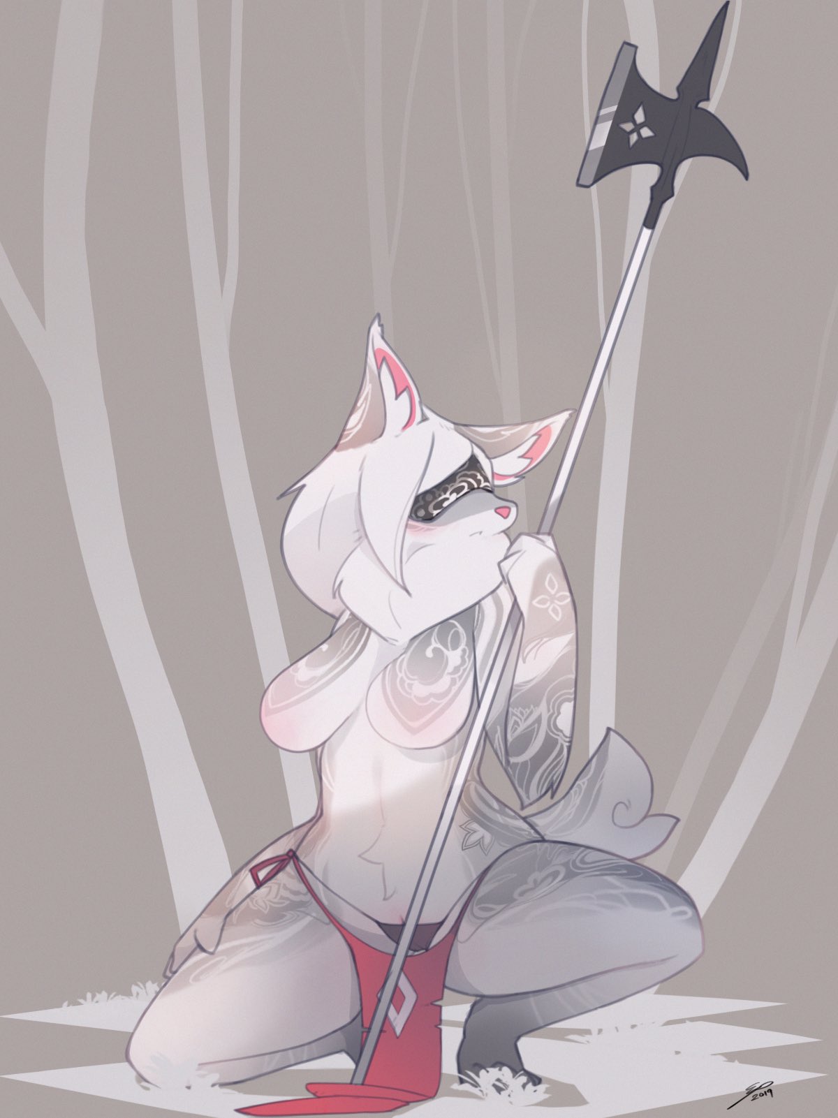 2019 anthro barely_visible_genitalia barely_visible_pussy blindfold blush breasts clothed clothing detailed_background electrycpynk featureless_breasts female forest fur grey_fur halberd holding_object holding_weapon inner_ear_fluff kneeling loincloth mammal markings melee_weapon multicolored_fur neck_tuft outside panties polearm pussy signature skimpy solo topless tree tuft two_tone_fur underwear unknown_species weapon white_fur